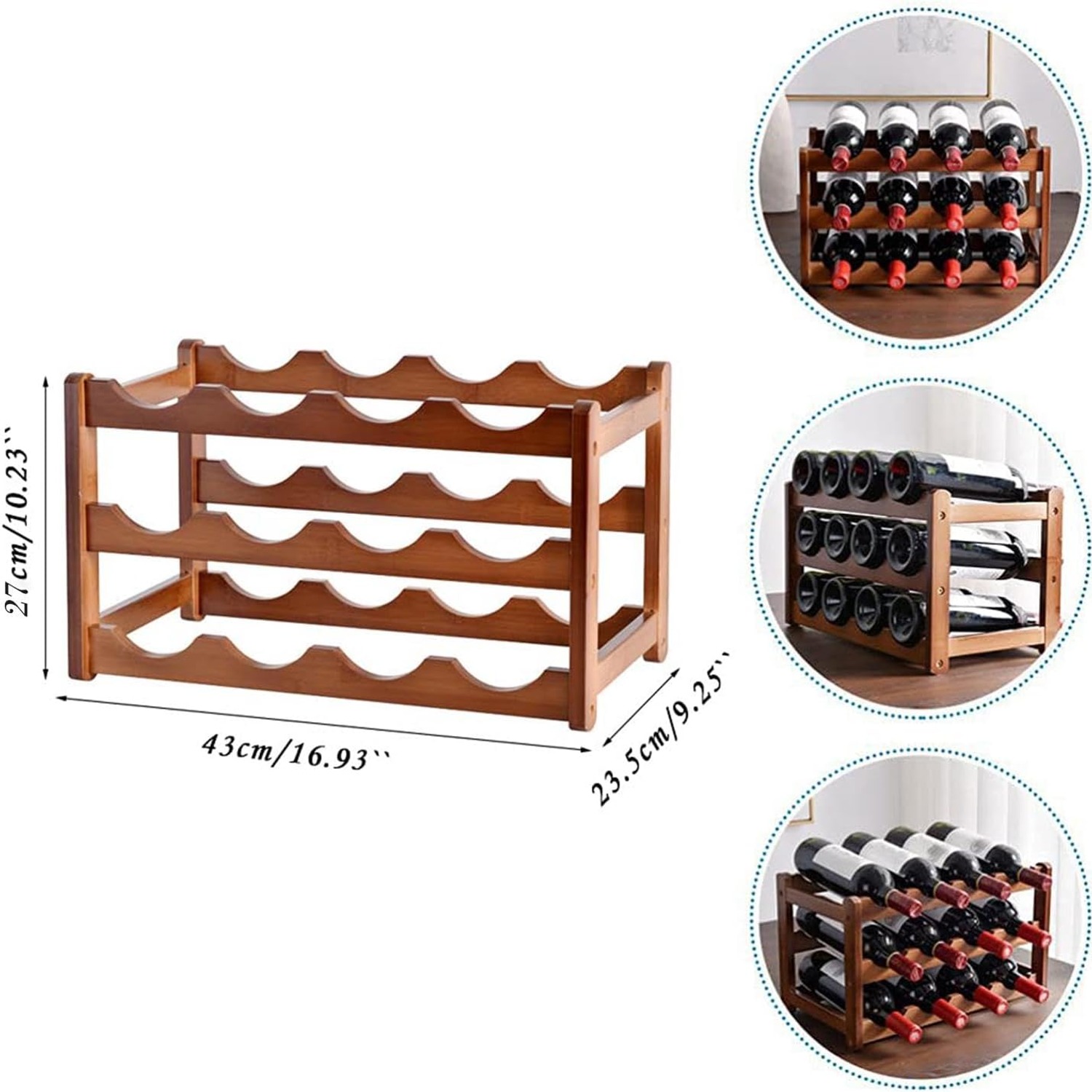 Bamboo Wine Rack 12 Bottle 3-Tier Countertop Stand, detail view