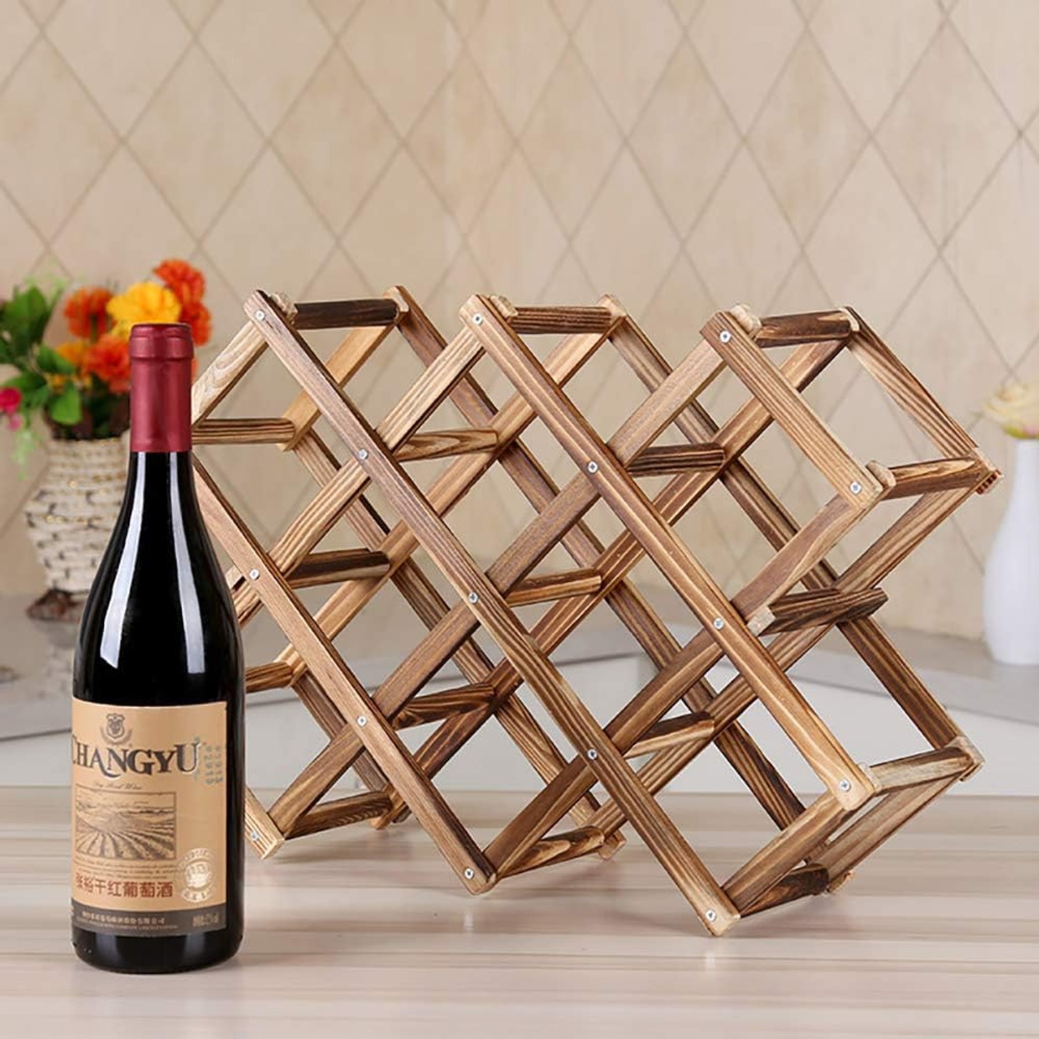 Foldable Wooden Wine Rack (10 Bottle), detail view